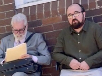 Trent Severino (right), next to lawyer Les Crawford (left) outside Hornsby Local Court on November 23, 2022. Severino pleaded guilty to two domestic violence offences.