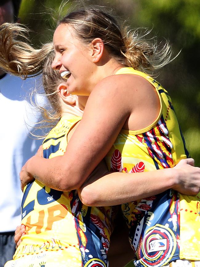 Danielle Ponter celebrates a goal as the Crows reel in the Roos.