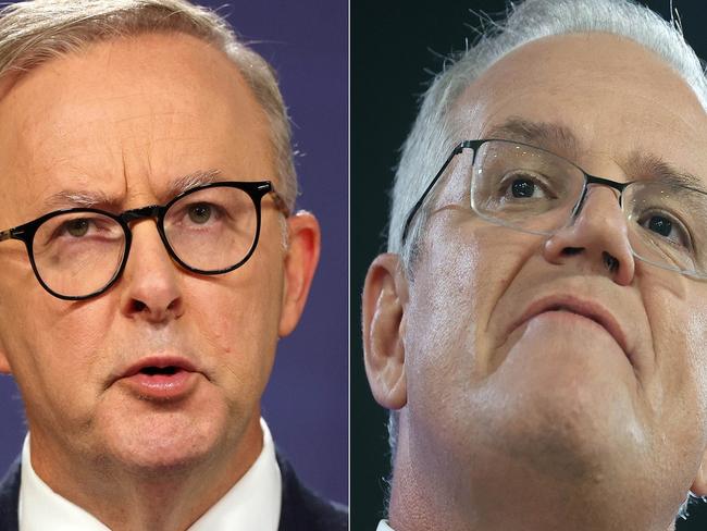 Split image of Australian Labor Party Anthony Albanese pictured at a press conference in Sydney. Picture: NCA NewsWire / Damian Shaw and Prime Minister of Australia Scott Morrison address to the National Press Club in Canberra. Picture: NCA/ Gary Ramage