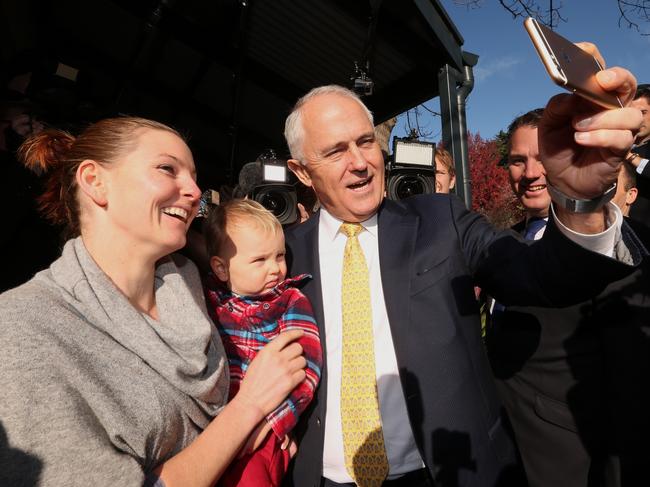 Day 26 of the Federal Election campaign. Prime Minister Malcolm Turnbull, takes yet another selfie with parent an baby, during a street walk with Jamie Briggs, in the Federal electorate of Mayo, Stirling, Adelaide. Picture: Lyndon Mechielsen/News Corp.