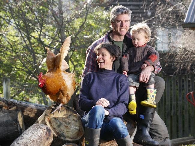 Matthew Evans with his partner Sadie Chrestman and their son Hedley, now aged 10, a few years after they left city life to become small-scale mixed farmers.