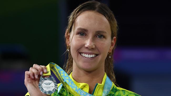 Emma McKeon on the podium collecting her silver medal. Picture: Michael Klein