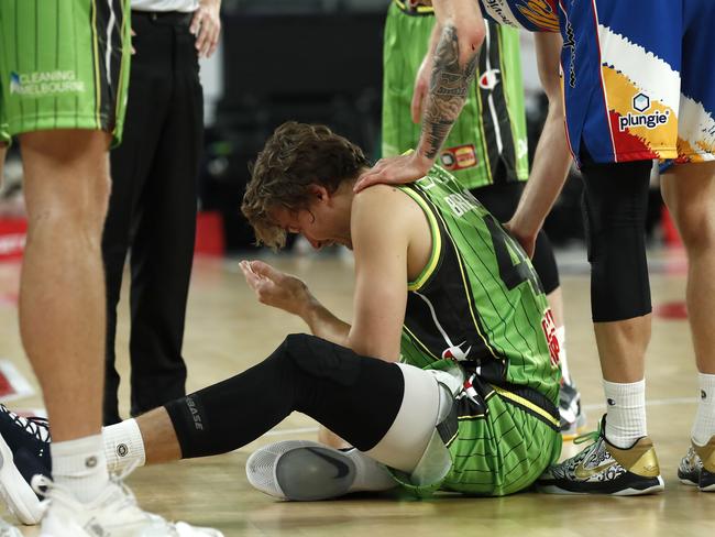 MELBOURNE, AUSTRALIA - APRIL 29: Nathan Sobey of the Bullets checks on Ryan Broekhoff of the Phoenix during the round 16 NBL match between the South East Melbourne Phoenix and the Brisbane Bullets at John Cain Arena, on April 29, 2021, in Melbourne, Australia. (Photo by Darrian Traynor/Getty Images)