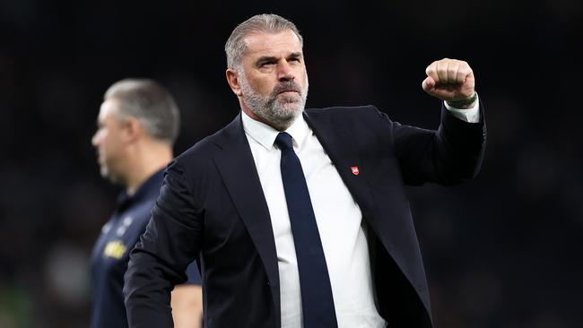 LONDON, ENGLAND - SEPTEMBER 30: Ange Postecoglou, Manager of Tottenham Hotspur, celebrates following the team's victory during the Premier League match between Tottenham Hotspur and Liverpool FC at Tottenham Hotspur Stadium on September 30, 2023 in London, England. (Photo by Ryan Pierse/Getty Images)