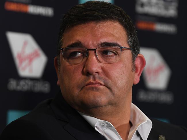 Carlton President Mark Loguidice looks on during a press conference at Ikon Park in Melbourne, Monday, June 3, 2019. AFL club Carlton have fired coach Brendon Bolton after a disappointing start to the season. (AAP Image/James Ross) NO ARCHIVING