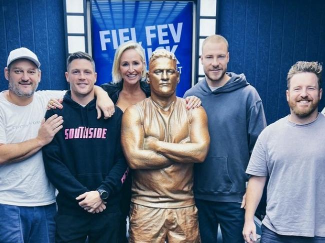 The Brass Fev statue with Brendan Fevola, Jack Crisp, Fifi Box, Ben McKay and Nick Cody.