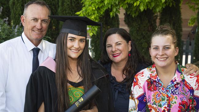 Bachelor of Education (Early Learning) graduate Asha Higgins with (from left) Jason, Louise and Zaley Higgins at a UniSQ graduation ceremony at The Empire, Tuesday, October 29, 2024. Picture: Kevin Farmer