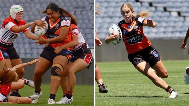 (L-R) Sofaia Vaki and Imogen Lowe in action for Wests Tigers. Picture: Campbelltown Collegians