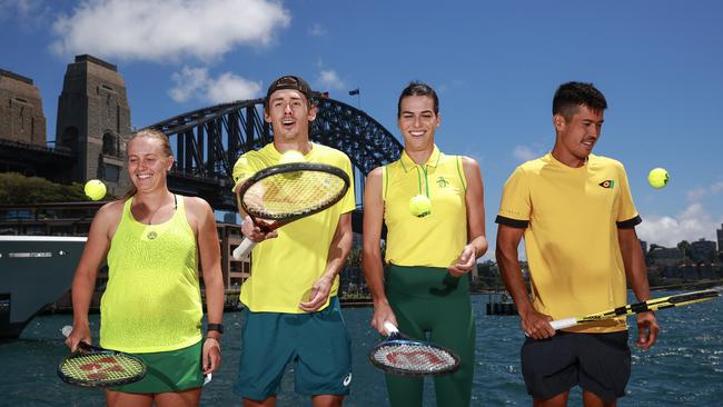 Members of Team Australia, Zoe Hives, Alex de Minaur, Ajla Tomljanovic and Jason Kubler, at Sydney Harbour ahead of the brand new United Cup which begins on Thursday. Picture: Justin Lloyd