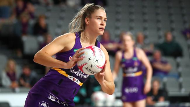 BRISBANE, AUSTRALIA – AUGUST 11: Kim Jenner of the Firebirds warms up before the round three Super Netball match between the Queensland Firebirds and the Collingwood Magpies at Nissan Arena on August 11, 2020 in Brisbane, Australia. (Photo by Jono Searle/Getty Images)