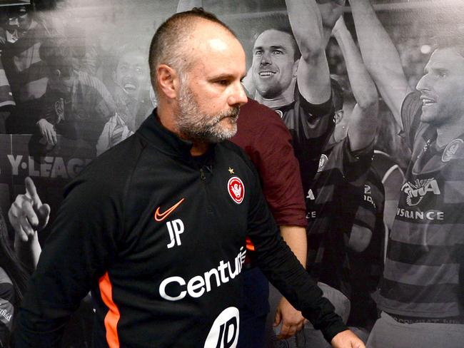 Wanderers CEO John Tsatsimas and newly appointed interim coach of Wanderers A-League Jean-Paul de Marigny hold a press conference after the sacking of coach Markus Babbel. Photo Jeremy Piper