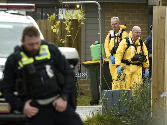 Police at a house on Bicknell Court in Broadmeadows where four people were found dead after overdosing in June. Picture: Andrew Henshaw