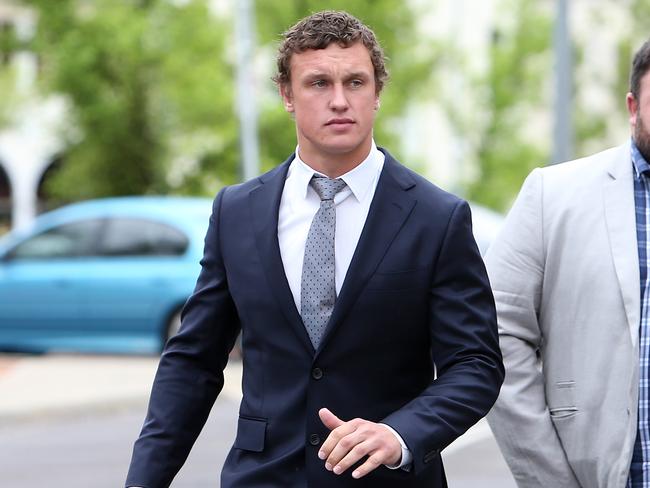 Canberra Raiders player Jack Wighton at ACT Magistrates Court in Canberra. The rugby league future of Canberra star Jack Wighton could be decided on Wednesday when he is sentenced for his drunken rampage earlier this year. In June, Wighton pleaded guilty to two charges of assault occasioning bodily harm, three counts of common assault, and one charge of public urination. After viewing CCTV footage, the NRL overruled the RaidersÕ initial proposed suspension of six NRL games and banned Wighton for ten matches. He was also fined $30,000 in a decision that infuriated club officials, who unsuccessfully sought a reduction in the penalty in August.Now WightonÕs fate hangs in the balance, with footage of his February assaults in Canberra also set to be made public despite attempts by his lawyers to suppress the vision last month.The footage reportedly shows the 25-year-old headbutting a man, punching another, and attacking a further three men ten minutes later. The maximum penalty for assault occasioning actual bodily harm is five years in jail, while common assault also carries a possible two years behind bars. A jail sentence for Wighton would further cruel a Raiders side that has already lost star winger Jordan Rapana for six months after suffering a shoulder injury playing for New Zealand. Picture Kym Smith