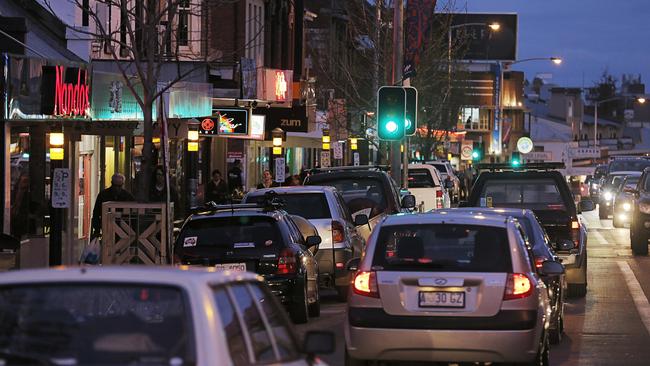 North Hobart’s restaurant strip is regularly bumper-to-bumper traffic. Picture: MATHEW FARRELL