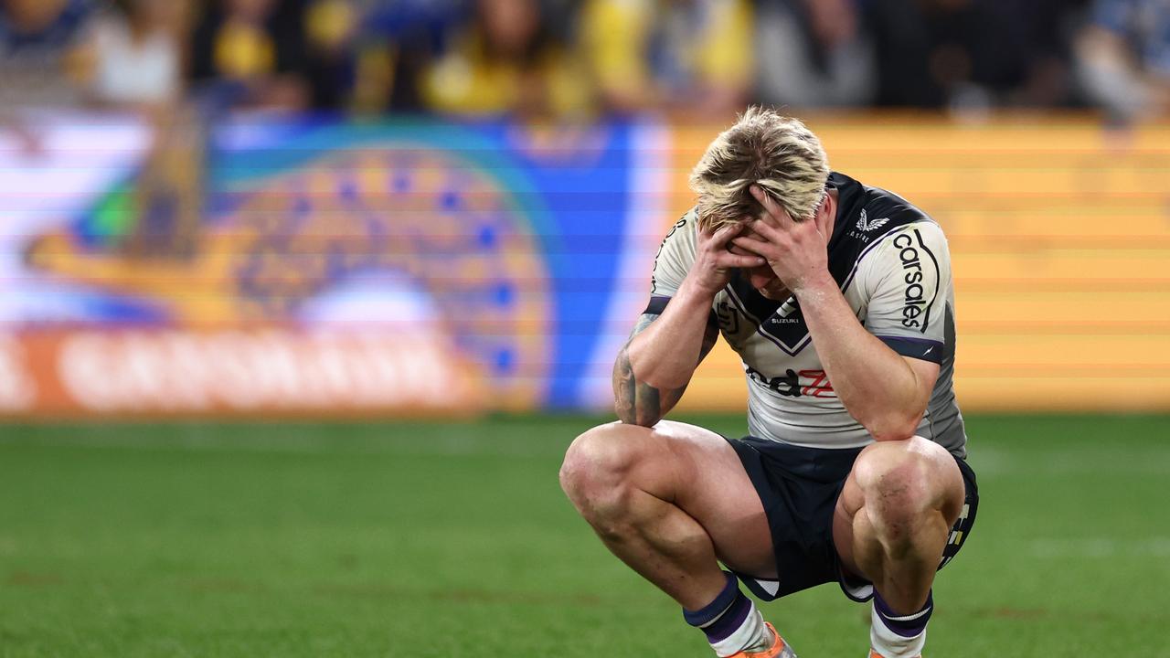 SYDNEY, AUSTRALIA – SEPTEMBER 01: Cameron Munster of the Storm reacts at full-time after the round 25 NRL match between the Parramatta Eels and the Melbourne Storm at CommBank Stadium on September 01, 2022, in Sydney, Australia. (Photo by Cameron Spencer/Getty Images)