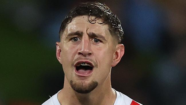 SYDNEY, AUSTRALIA - MAY 11: Zac Lomax of the Dragons celebrates a wo point field goal during the round 10 NRL match between St George Illawarra Dragons and South Sydney Rabbitohs at Netstrata Jubilee Stadium, on May 11, 2024, in Sydney, Australia. (Photo by Mark Metcalfe/Getty Images)