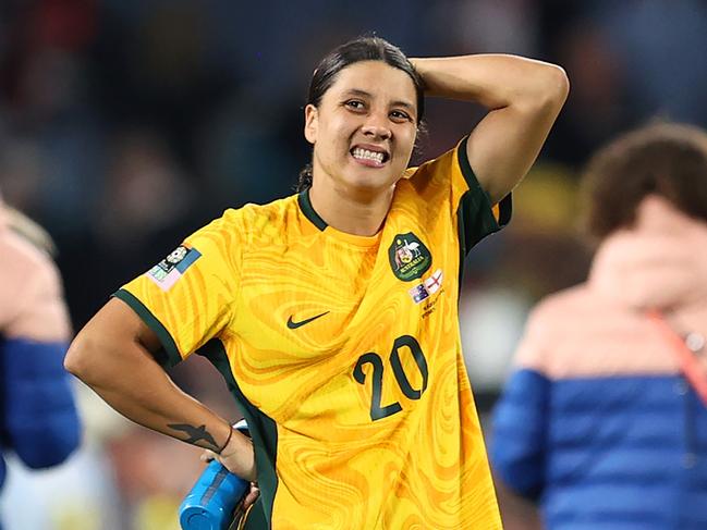 SYDNEY, AUSTRALIA - AUGUST 16: Sam Kerr of Australia looks dejected after the team's 1-3 defeat and elimination from the tournament following the FIFA Women's World Cup Australia & New Zealand 2023 Semi Final match between Australia and England at Stadium Australia on August 16, 2023 in Sydney, Australia. (Photo by Brendon Thorne/Getty Images)