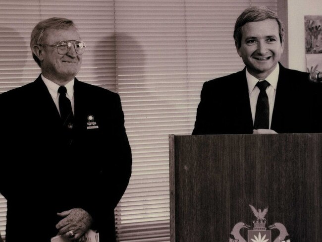 The then NSW Premier Nick Greiner (right) and Warringah Shire President Brian Green at the opening of the Coastal Environment Centre at North Narrabeen in 1991. Picture: Northern Beaches Council Library