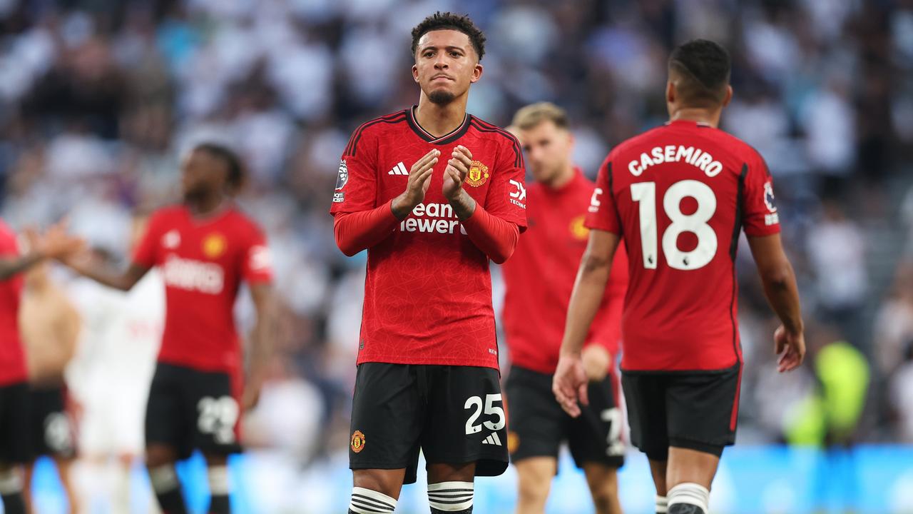 LONDON, ENGLAND - AUGUST 19: Jadon Sancho of Manchester United applauds the fans following the team's defeat during the Premier League match between Tottenham Hotspur and Manchester United at Tottenham Hotspur Stadium on August 19, 2023 in London, England. (Photo by Julian Finney/Getty Images)