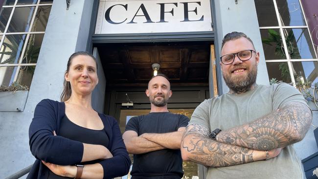 Faces of The Bank Cafe in Lismore: Front of house managers Jess Yeigh and Matt Daniels with chef Dan Walker (back).