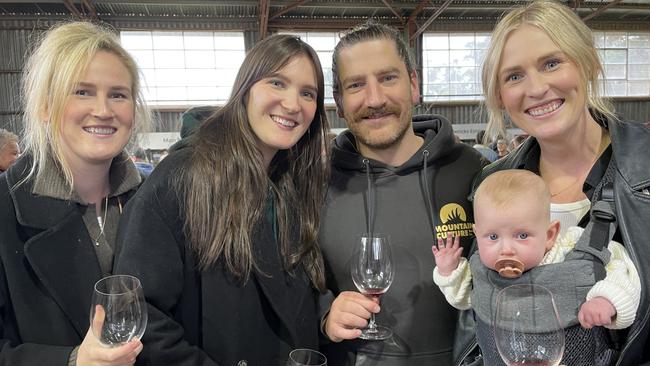 Children were welcome at the Winter Wine Fest, (left to right) Rachel and Danielle Cowan, Ferntree Gully with Elwood couple Jack and Milly Ormston and baby Pip, 5 months. Elwood. Picture: Lucy Callander