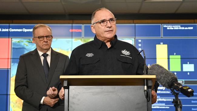 Prime Minister Anthony Albanese and National Emergency Management Agency Deputy Coordinator-General, Joe Buffone hold a media briefing in the National Situation Room (NEMA) in Canberra. Picture: NewsWire / Martin Ollman