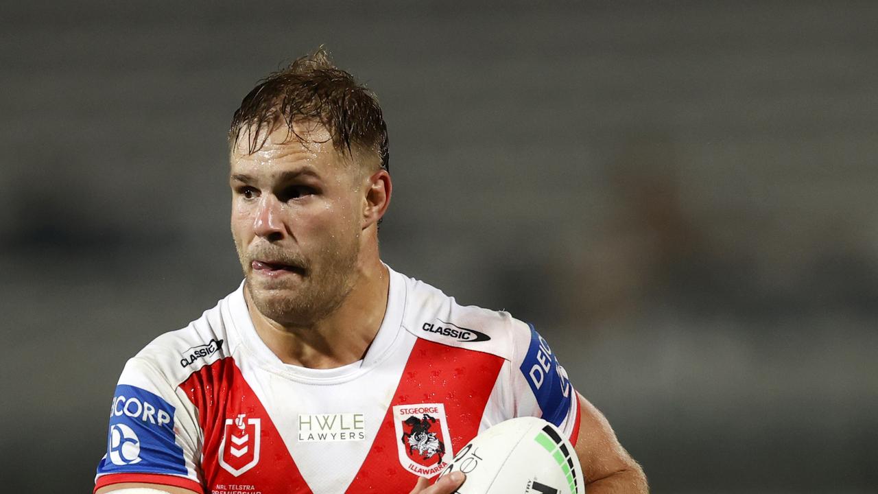 Jack de Belin hitting the ball up during his NRL return for the Dragons against the Broncos during their round 13 game at Netstrata Jubilee Stadium. Picture: Jonathan Ng