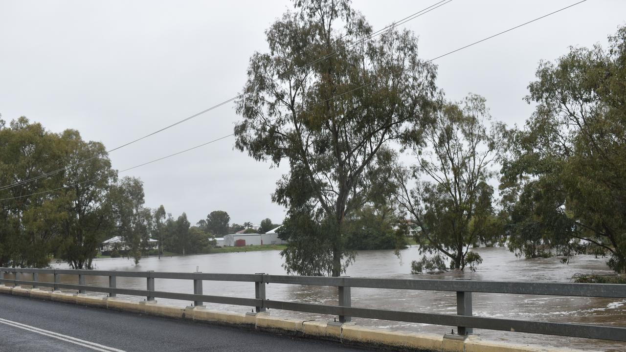 The Condamine River at Warwick almost lapping at McMahon Bridge on Victoria Street. Picture Jessica Paul / Warwick Daily News