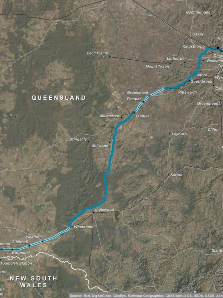 A project map of the planned route of the NSW/Queensland to Gowrie section of the Inland Rail project.