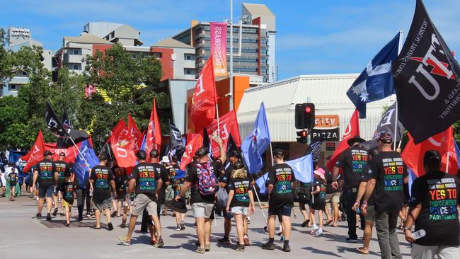 Unions NT May Day march went through the city and ended in Bicentennial Park on the Esplanade. Picture: Annabel Bowles