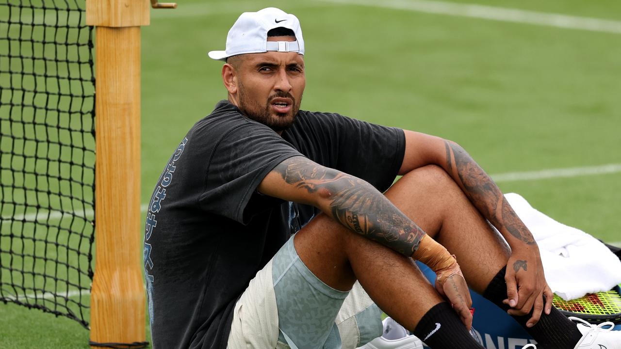 LONDON, ENGLAND - JUNE 28: Nick Kyrgios of Australia looks on during a practice session ahead of The Championships - Wimbledon 2023 at All England Lawn Tennis and Croquet Club on June 28, 2023 in London, England. (Photo by Clive Brunskill/Getty Images)