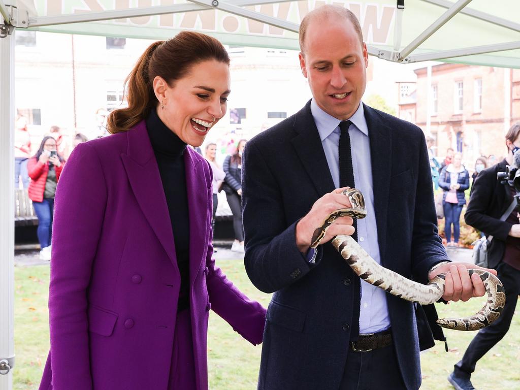 Kate couldn’t contain her laughter as Prince William handles a snake during a tour of Ulster University in Londonderry. Picture: Chris Jackson/Getty Images