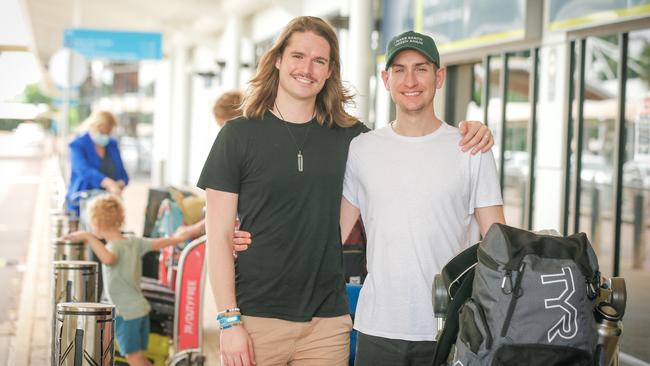 Matthew and Daniel Fox arrived in Darwin from Sydney on Monday as the NT’s COVID hot spot declarations were lifted for the city’s west. Picture: GLENN CAMPBELL