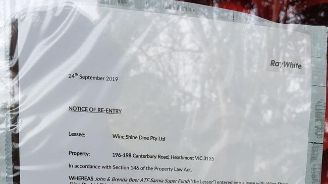 The eviction notice on the front window of Barclays Cafe in Heathmont. Picture: Kiel Egging.