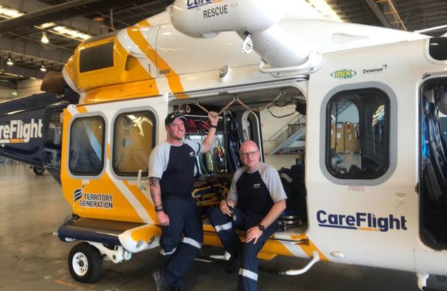 Careflight NT rescue helicopter crewmen flight nurse Paul Campbell and pilot Jamie Humphreys were involved in the rescue of the three men. Picture: Judith Aisthorpe