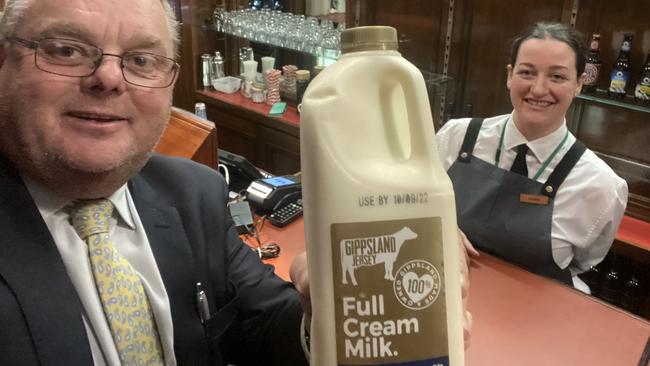 Member for Gippsland East, Tim Bull, has been successful in getting the local milk to be the official milk of the Victorian parliament. He is pictured with parliament worker Denise who is also coincidentally from Gippsland.