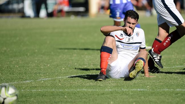 South Adelaide’s Jake Carmichael, pictured last year, was sent off in the Panthers’ 3-1 NPL loss to Raiders. Picture: AAP /Morgan Sette