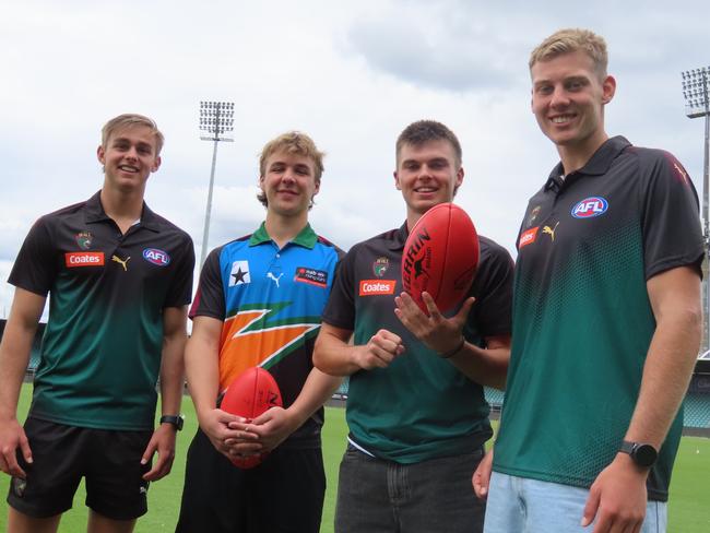 The city of Launceston's draft prospects James Leake, Ryley Sanders, Colby McKercher and Arie Schoenmaker at UTAS Stadium on Thursday. Picture: Jon Tuxworth