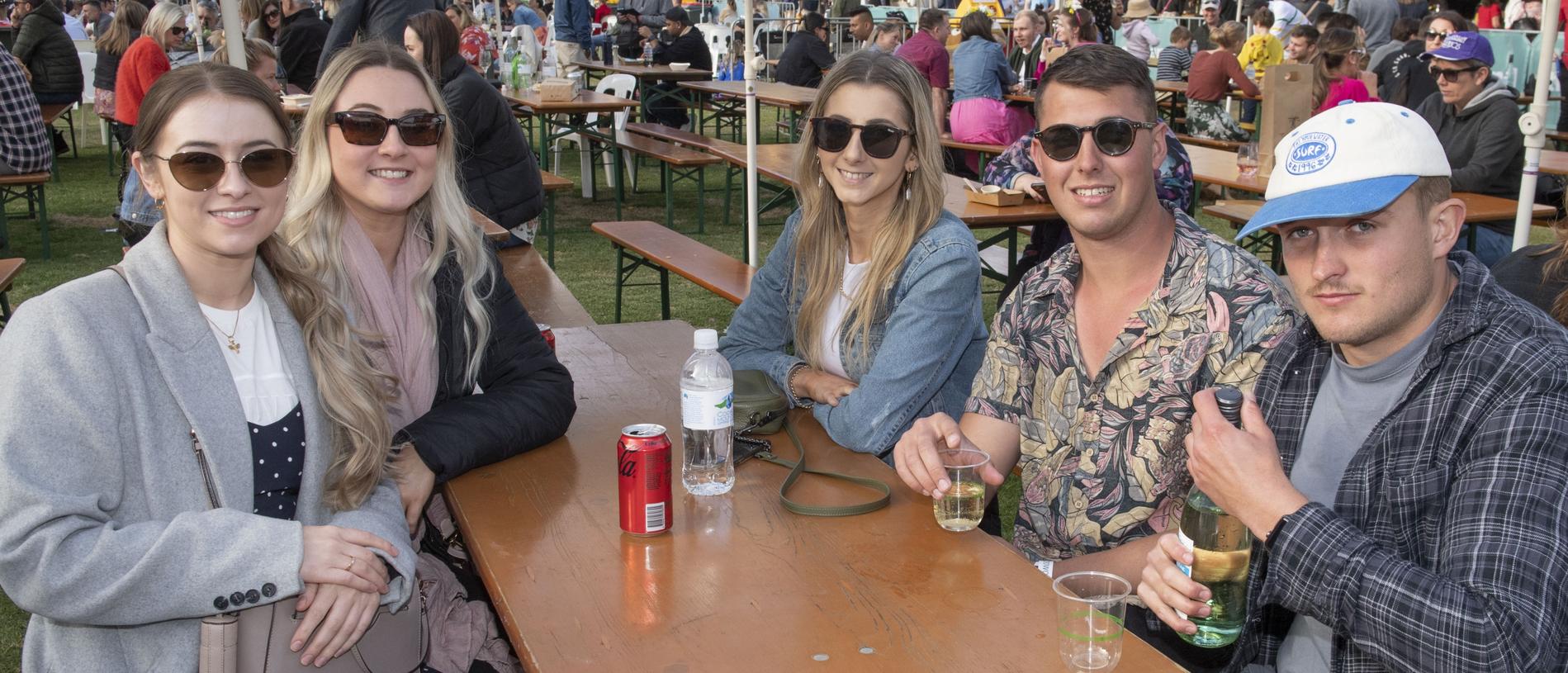 (from left) Romany Boland, Bridget Chant, Holly McDonald, Cody Ferguson and Ben Howard. Festival of Food and Wine, Queens Park, Toowoomba Carnival of Flowers. Sunday, September 11, 2022. Picture: Nev Madsen.