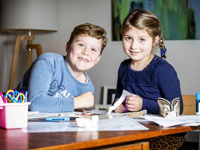 Eddie and Monique Dupuche enjoy the remote learning tasks set for them by their primary school. Picture- Nicole Cleary.