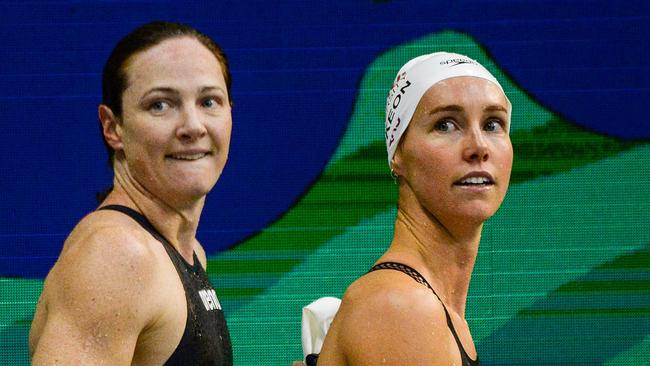 Emma McKeon (R) and Cate Campbell react after finishing first and second respectively in the women's 50m freestyle final.