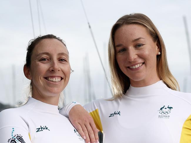 SYDNEY, AUSTRALIA - JULY 08: Olivia Price and Evie Haseldine who will represent Australia in the WomenÃ¢â¬â¢s Skiff 49erFX class pose during a portrait session ahead of the 2024 Paris Olympic Games at Middle Harbour Yacht Club on July 08, 2024 in Sydney, Australia. (Photo by Cameron Spencer/Getty Images)