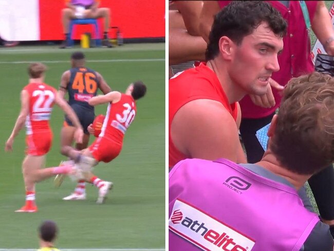 Giant in hot water over Tom McCartin bump. Photos: Fox Sports