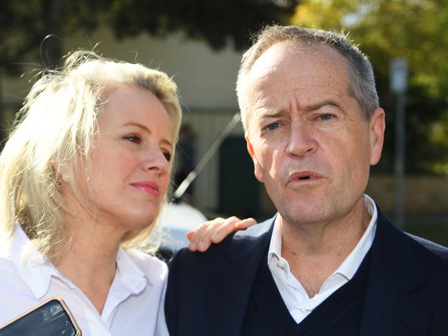 Shorten speaks to the media with his wife Chloe after losing the 2019 election. Picture: AAP