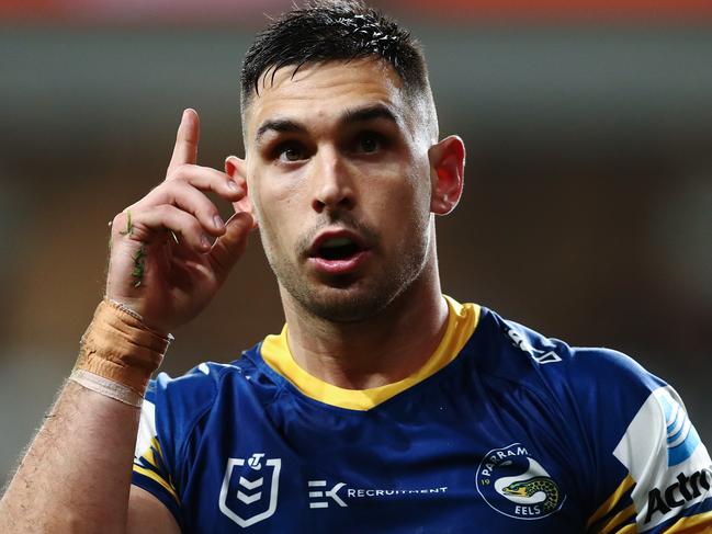 Ryan Matterson of the Eels celebrates scoring a try during the Round 7 NRL match between the Parramatta Eels and the Canberra Raiders at Bankwest Stadium in Sydney, Saturday, June 27, 2020. (AAP Image/Brendon Thorne) NO ARCHIVING, EDITORIAL USE ONLY