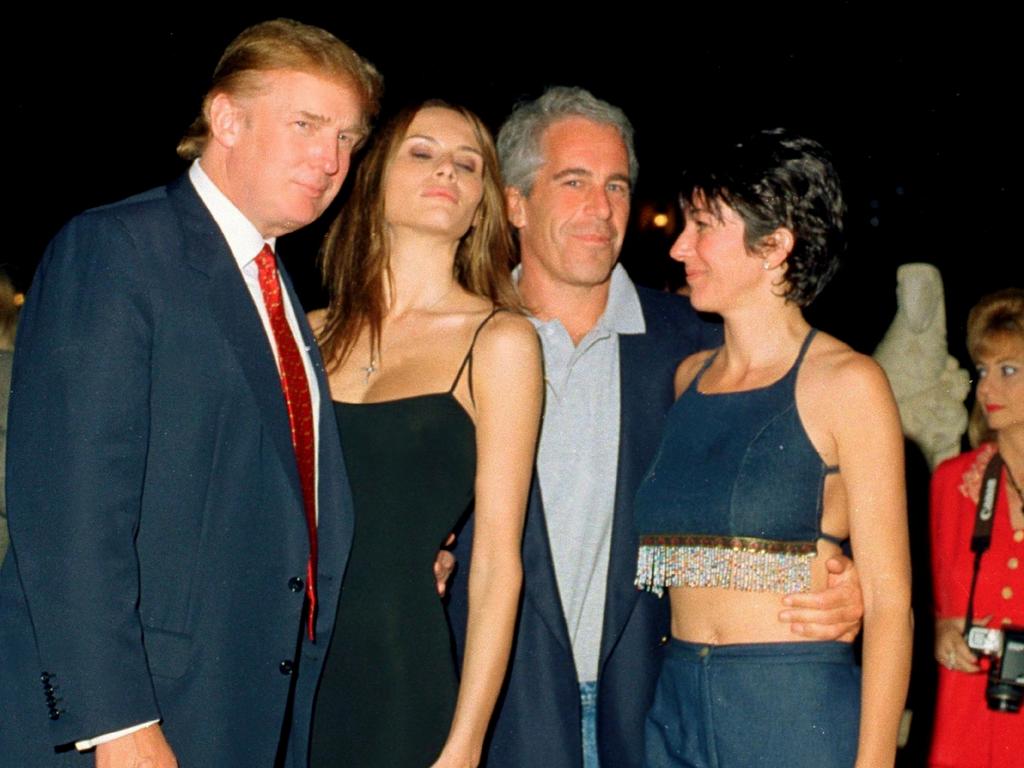 Donald Trump and his girlfriend (and future wife), former model Melania Knauss, financier Jeffrey Epstein, and British socialite Ghislaine Maxwell pose together at the Mar-a-Lago club, Palm Beach, Florida in 2000. Picture: Davidoff Studios/Getty Images