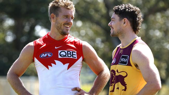 Sydney's Luke Parker  with Brisbane's Lachie Neale at full time during an AFL practice match between the Sydney Swans and Brisbane Lions at Lakeside Oval, Sydney on February 24, 2023. Photo by Phil Hillyard(Image Supplied for Editorial Use only - **NO ON SALES** - Â©Phil Hillyard )