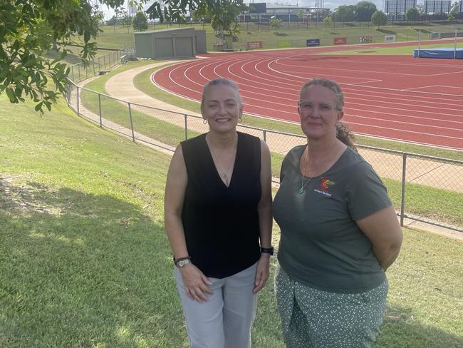 Sports Minister Kate Worden and Athletics NT executive officer Leanne Chin at the upgraded Arafura Stadium. Picture: Ben Cameron.