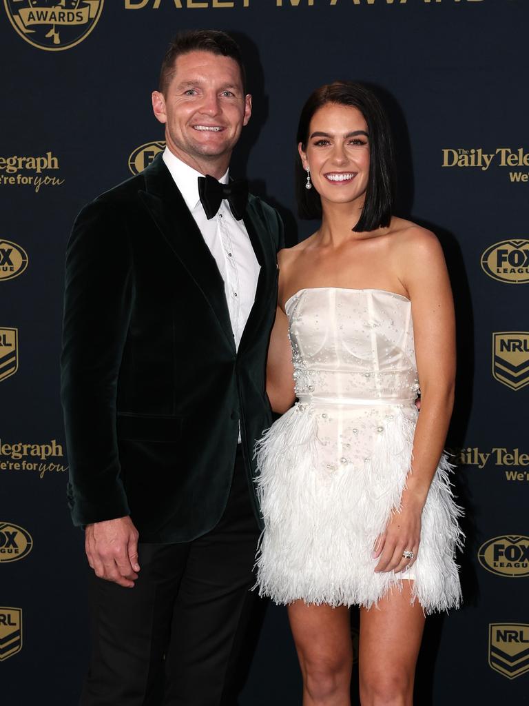 Jarrod Croker of the Raiders and his wife Brittney Wicks. (Photo by Mark Kolbe/Getty Images)