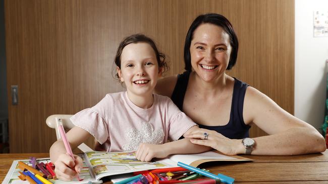 Brisbane student Ruby Hade, 8, and Melanie Neal-Reid at their home in Brisbane have done the learning from home drill. Picture: Josh Woning